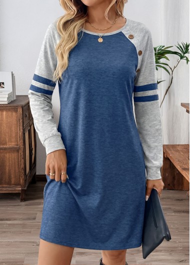 women clothes image of Blue Patchwork Long Sleeve Boat Neck Dress