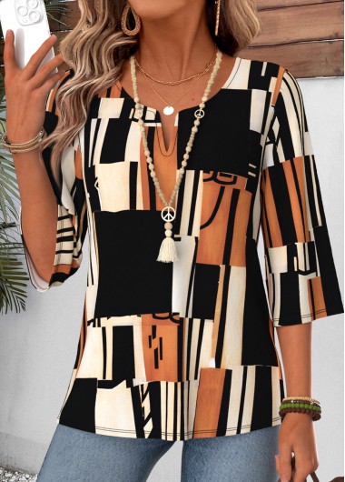 women clothes image of Multi Color Geometric Print 3/4 Sleeve T Shirt