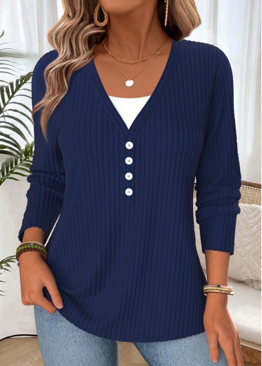 women clothes image of Navy Fake 2in1 Long Sleeve V Neck T Shirt