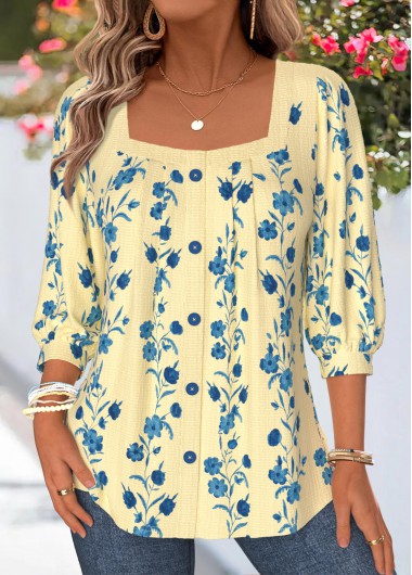 women clothes image of Yellow Floral Print Button 3/4 Sleeve T Shirt