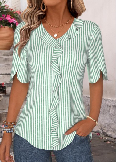 women clothes image of Sage Green Striped Ruffle Half Sleeve V Neck Blouse