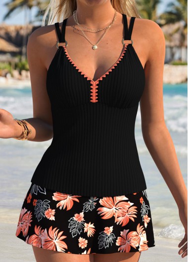 women clothes image of Black Mid Waisted Ruched/shirred Floral Print Tankini Set