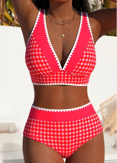 women clothes image of Coral Mid Waisted Patchwork Plaid Bikini Set