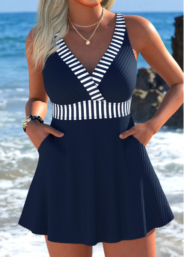 women clothes image of Navy Mid Waisted Striped Tankini Set