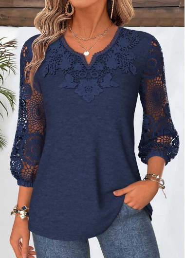 women clothes image of Navy Curved Hem 3/4 Sleeve Split Neck Blouse