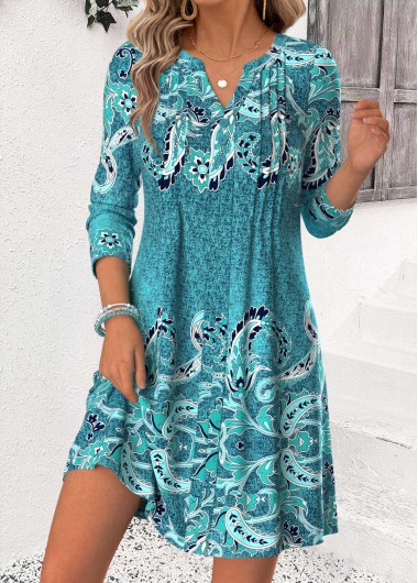 women clothes image of Cyan Tribal Print Short Tuck Stitch Long Sleeve Dress