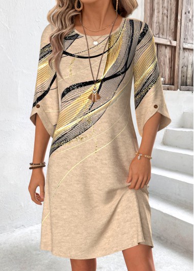 women clothes image of Light Camel Geometric Print Short Tummy Coverage Dress