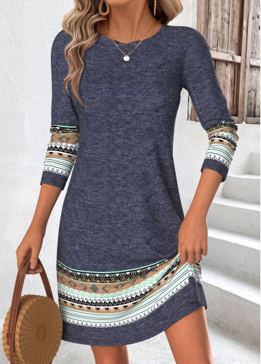 women clothes image of Dark Grey Marl Tribal Print Short Long Sleeve Dress