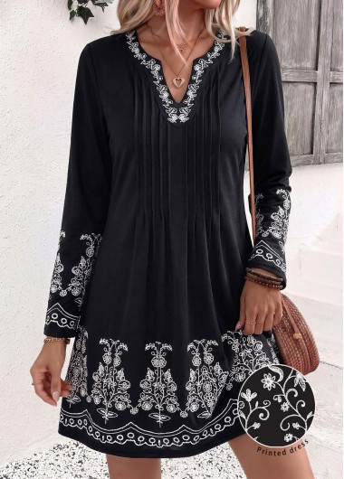 women clothes image of Black Tribal Print Short Tuck Stitch Long Sleeve Dress