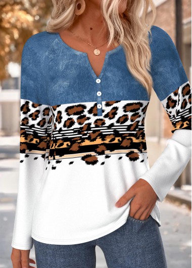 women clothes image of Multi Color Leopard Button Long Sleeve T Shirt