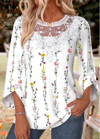 women clothes image of White Floral Print Button 3/4 Sleeve Round Neck Blouse