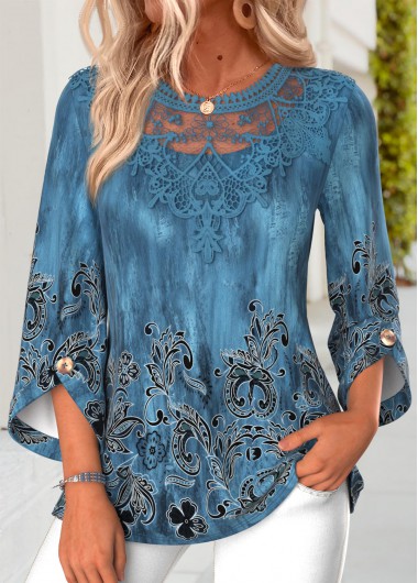 women clothes image of Peacock Blue Tribal Print Button 3/4 Sleeve Blouse