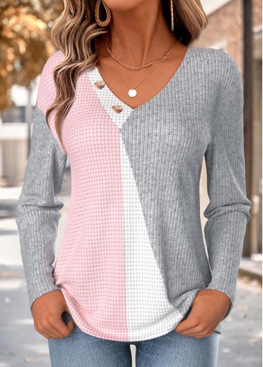 women clothes image of Multi Color Patchwork Long Sleeve V Neck T Shirt