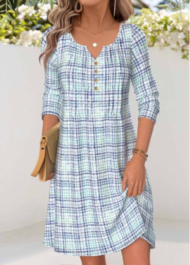 women clothes image of Light Blue Plaid Short Tuck Stitch Long Sleeve Dress