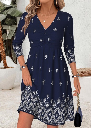 women clothes image of Navy Tribal Print Short Shirred Long Sleeve Dress