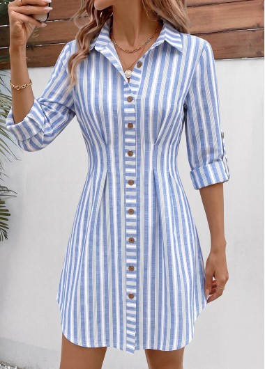women clothes image of Light Blue Striped Short Curved Hem Long Sleeve Dress