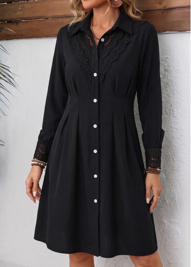 women clothes image of Black Tummy Coverage Long Sleeve Shirt Collar Dress