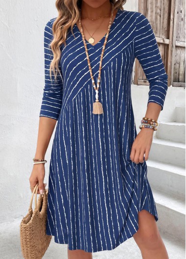 women clothes image of Navy Tie Dye Print Asymmetry Long Sleeve Dress