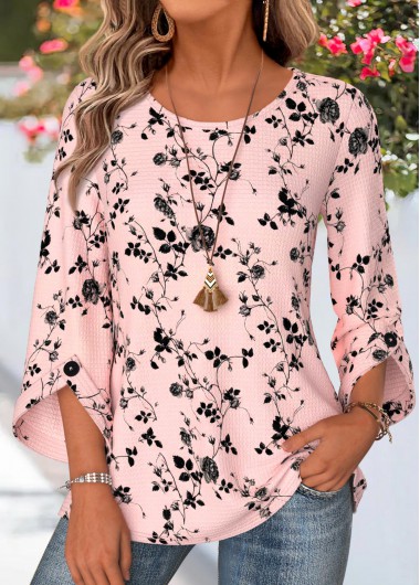 women clothes image of Pink Floral Print Button 3/4 Sleeve Round Neck Blouse
