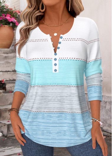 women clothes image of Blue Striped Button Long Sleeve Split Neck T Shirt