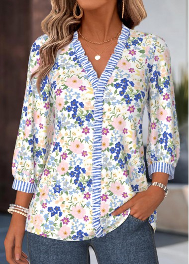 women clothes image of Multi Color Floral Print Patchwork 3/4 Sleeve Blouse