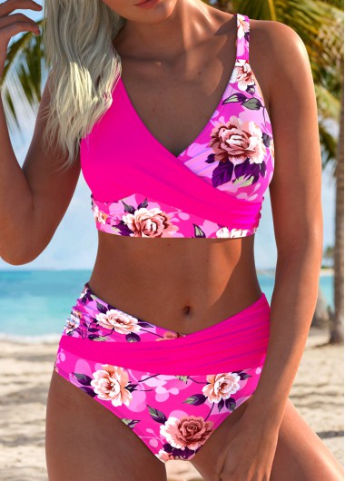 women clothes image of Hot Pink High Waisted Floral Print Bikini Set