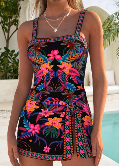 women clothes image of Black Layered Floral Print One Piece Swimdress