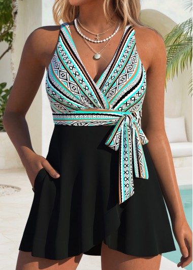 women clothes image of Black Tie Geometric Print One Piece Swimdress