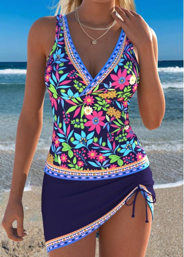 women clothes image of Navy Mid Waisted Surplice Floral Print Tankini Set