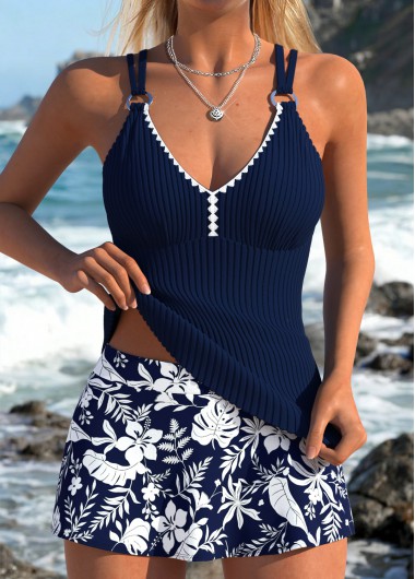 women clothes image of Navy Mid Waisted Lace Up Floral Print Tankini Set