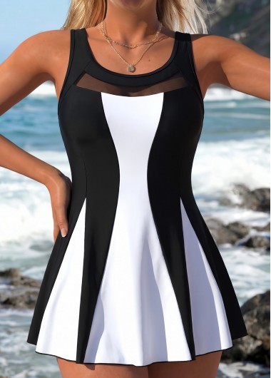 women clothes image of Black Patchwork Tummy Coverage Tankini Top