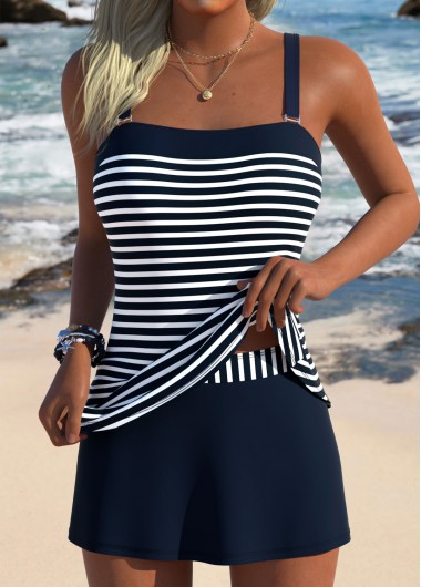 women clothes image of Navy Mid Waisted Striped Tankini Set