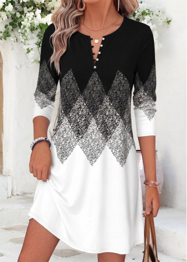 women clothes image of Black Geometric Print Short Tummy Coverage Long Sleeve Dress