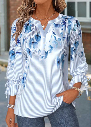 women clothes image of Blue Floral Print Bowknot 3/4 Sleeve Split Neck Blouse