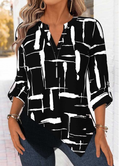 women clothes image of Black Geometric Print Handkerchief Hem 3/4 Sleeve Blouse