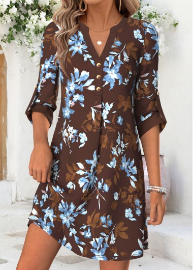 women clothes image of Dark Coffee Floral Print Short Tummy Coverage Dress