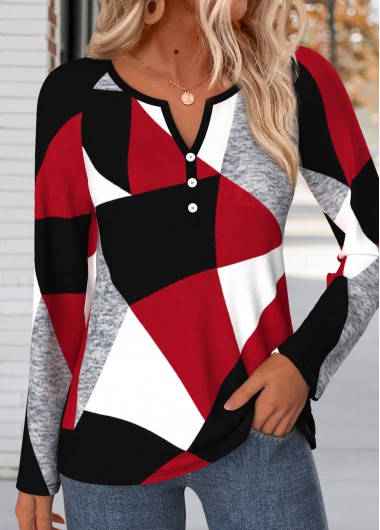 women clothes image of Multi Color Geometric Print Button Long Sleeve T Shirt