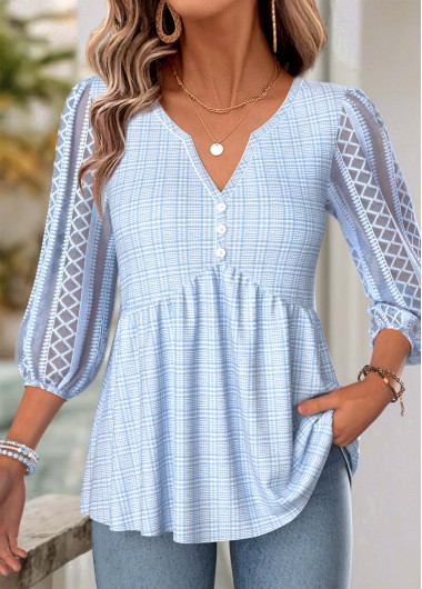 women clothes image of Light Blue Plaid Curved Hem 3/4 Sleeve Blouse
