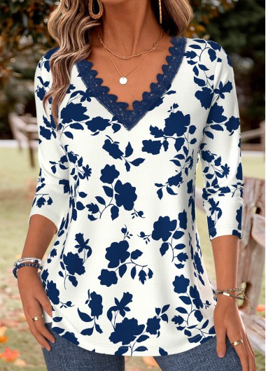 women clothes image of Blue Floral Print Tummy Coverage Long Sleeve T Shirt