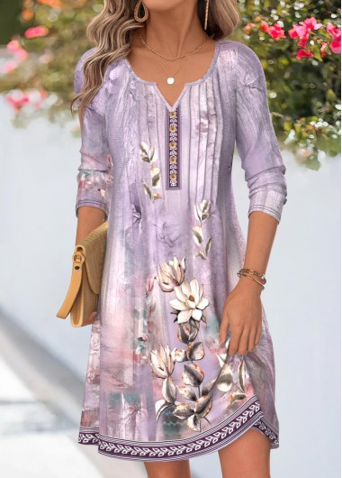 women clothes image of Light Purple Floral Print Short Tuck Stitch Dress