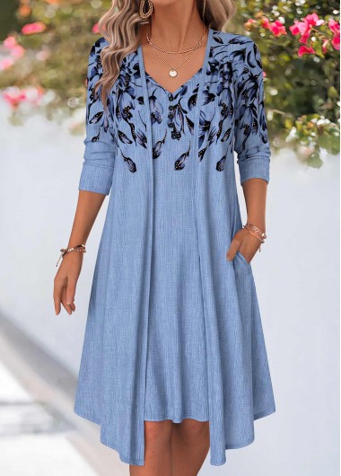 women clothes image of Blue Floral Print Fake 2in1 Long Sleeve Dress