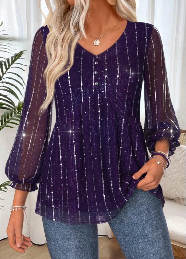 women clothes image of Purple Shirred 3/4 Sleeve V Neck Blouse