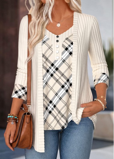 women clothes image of Beige Plaid 3/4 Sleeve Fake Two Piece Twinset