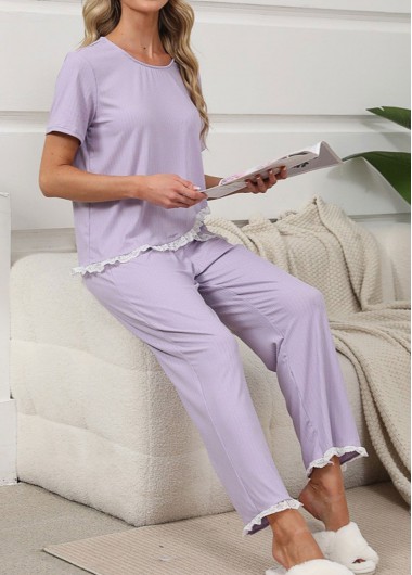 women clothes image of Purple Short Sleeve Round Neck Lounge Top and Pants