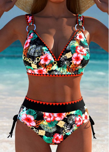 women clothes image of Black High Waisted Bowknot Floral Print Bikini Set