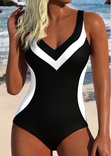 women clothes image of Black Tummy Control Patchwork One Piece Swimwear