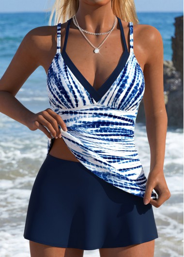 women clothes image of Navy Mid Waisted Fake 2in1 Tankini Set