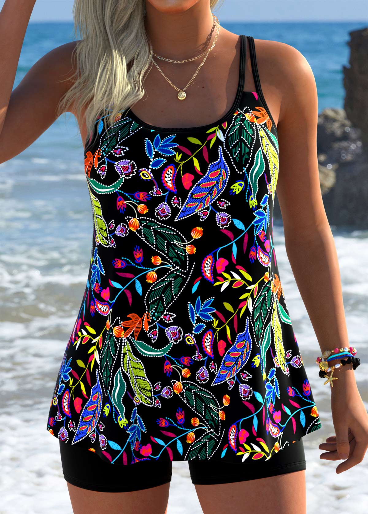 Scoop Neck Floral Print Black Tankini Top-No Bottom | linkimg