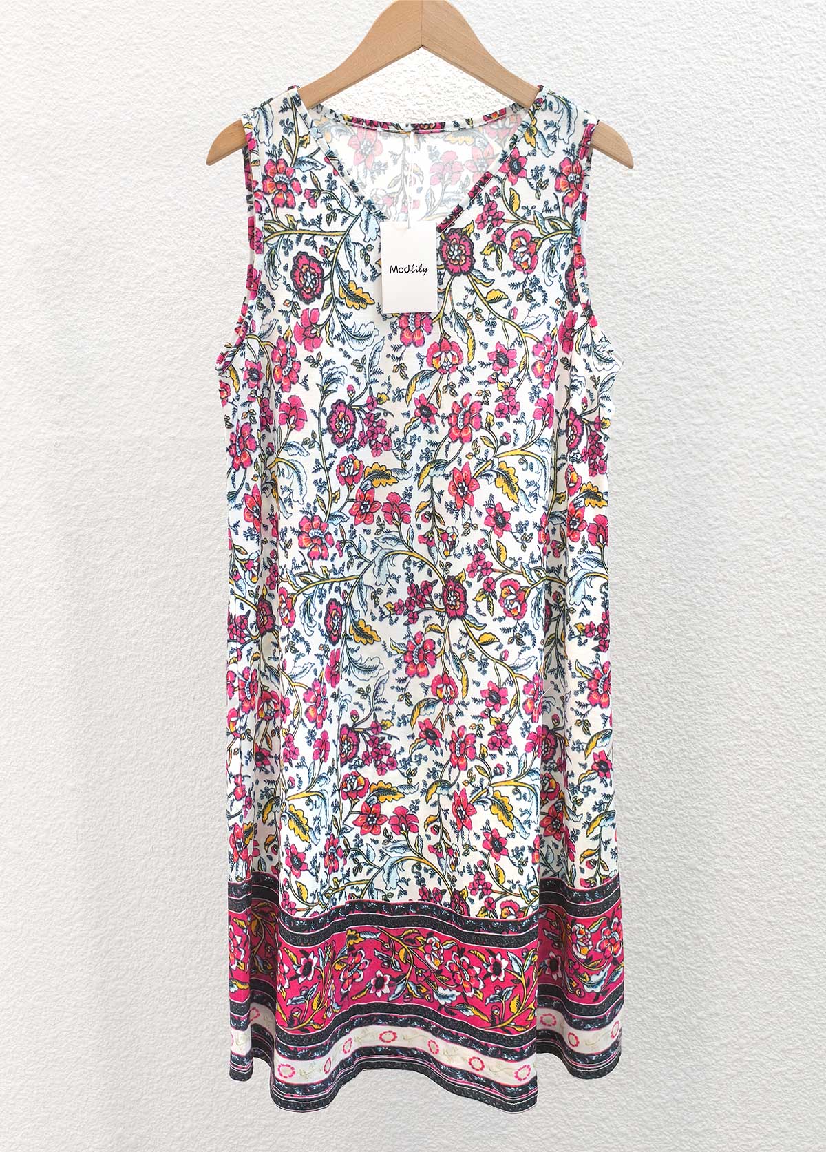 Hot Pink Breathable Floral Print A Line Sleeveless Dress | picture 