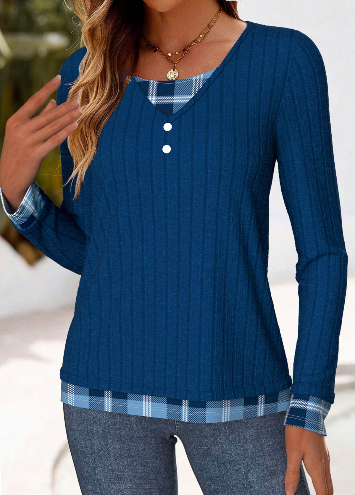 Blue Button Plaid Long Sleeve Fake Two Piece Twinset | picture 3